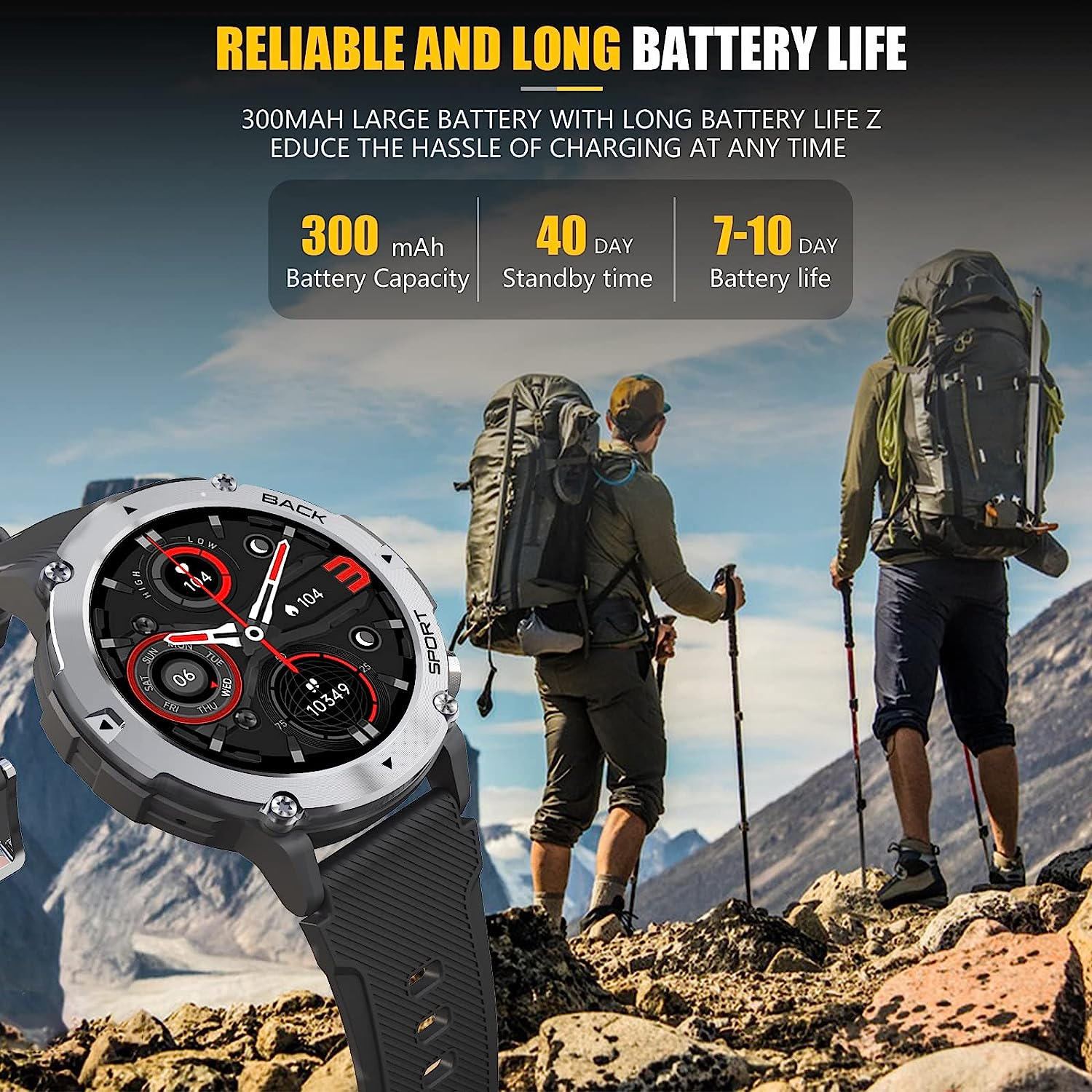 Smartwatch mit Batterieinfo. Zwei Wanderer im Hintergrund. Text über die Akkulaufzeit.