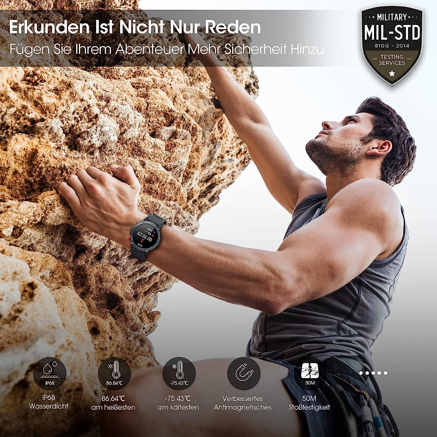 Mann klettert eine Felswand hoch, trägt eine Smartwatch. Symbole zeigen verschiedene Uhrfunktionen.