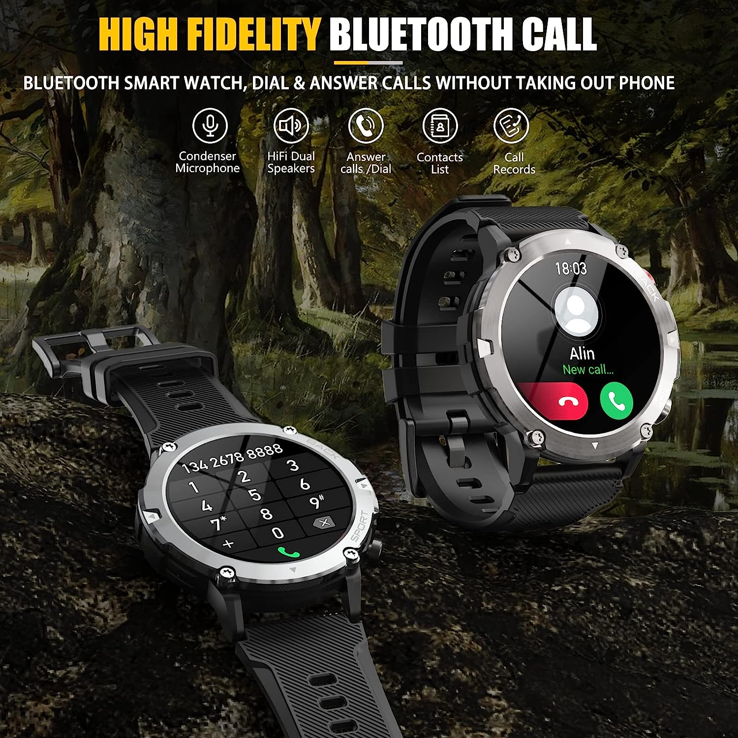 Dwa smartwatche z tekstem o funkcjach takich jak połączenia Bluetooth i wybieranie numeru.