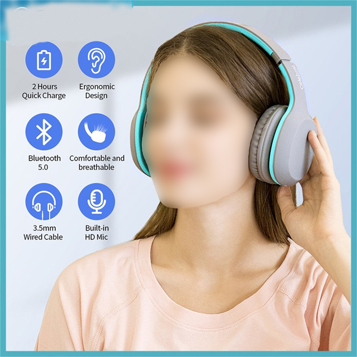 Frau mit Kopfhörern. Symbole zeigen 2 Stunden Ladezeit, Bluetooth und Komfortfunktionen.