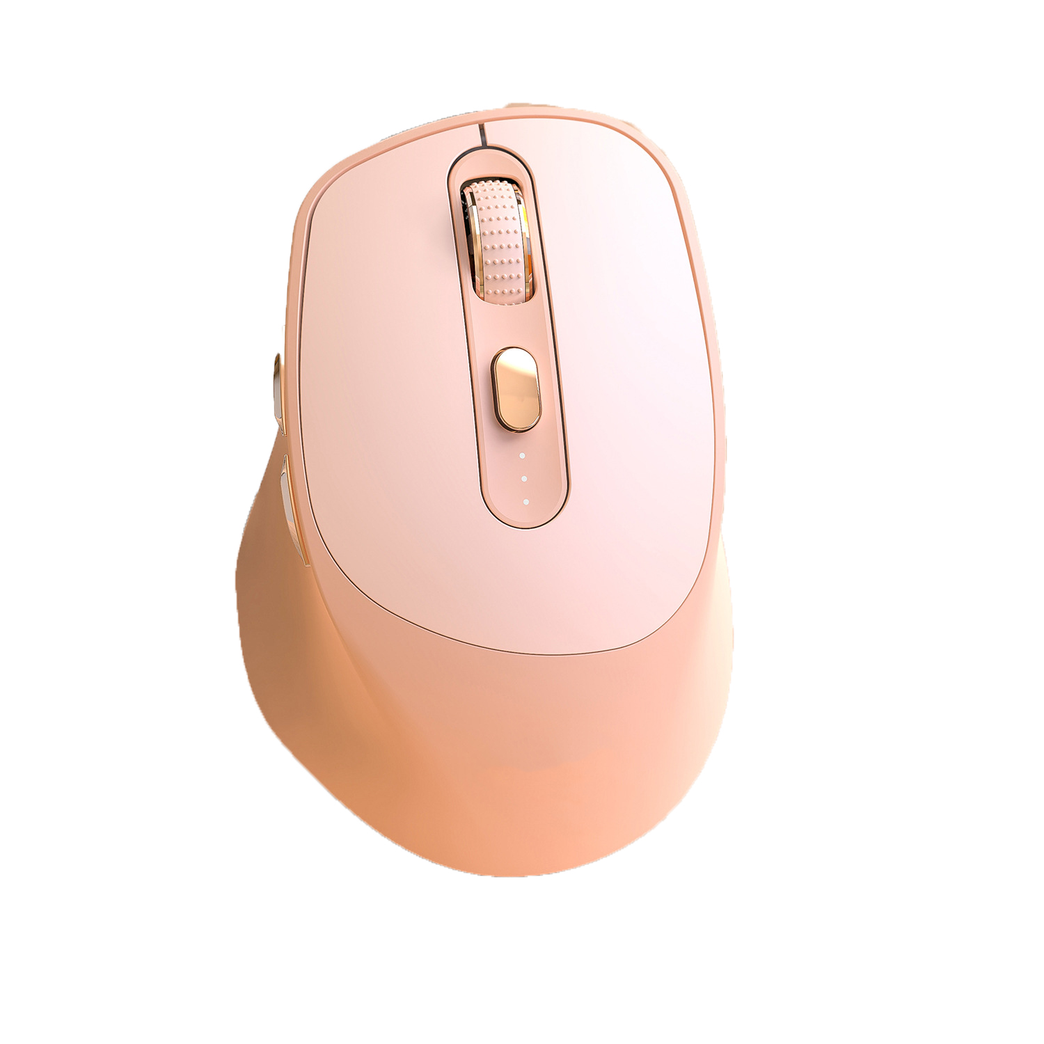 Eine rosa kabellose Maus. Sie hat ein Scrollrad, mehrere Tasten und ein glattes, ergonomisches Design.
