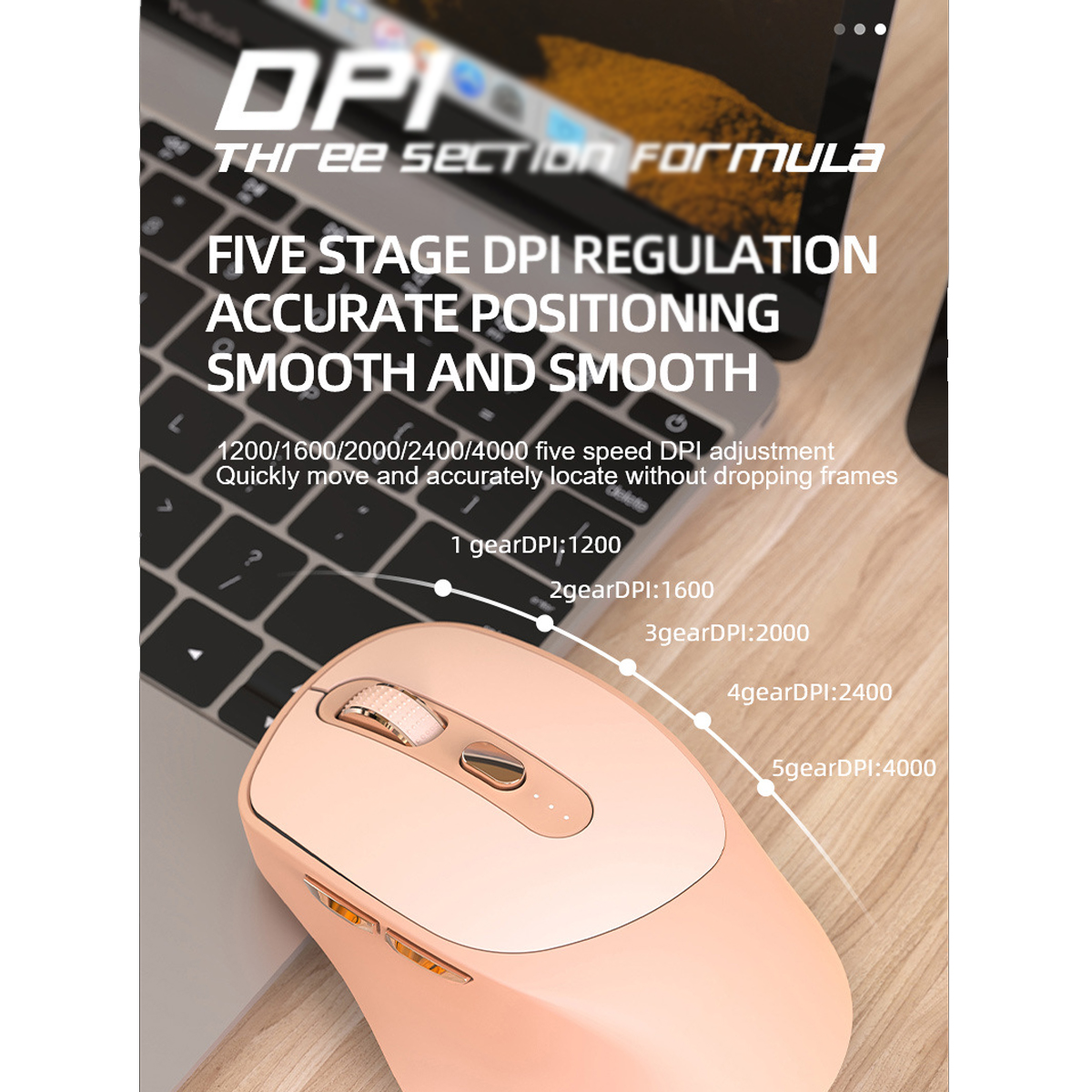 Rosa Maus mit verschiedenen DPI-Einstellungen auf Laptop-Tastatur, Text zur DPI-Regulierung.