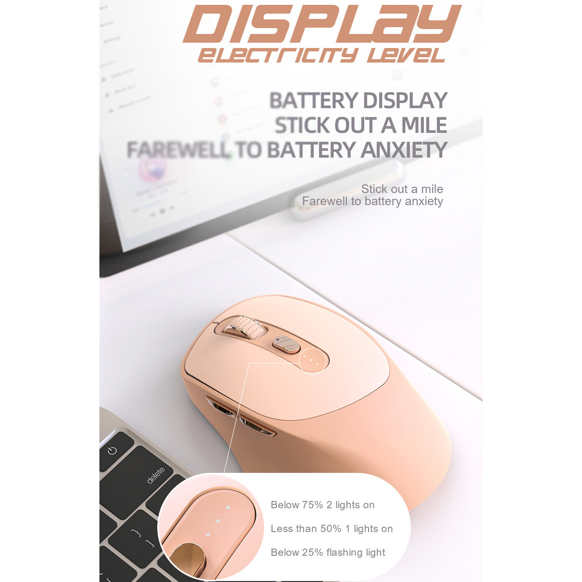 Eine beige kabellose Maus mit Anzeige für den Batteriestand. Laptop-Tastatur sichtbar.