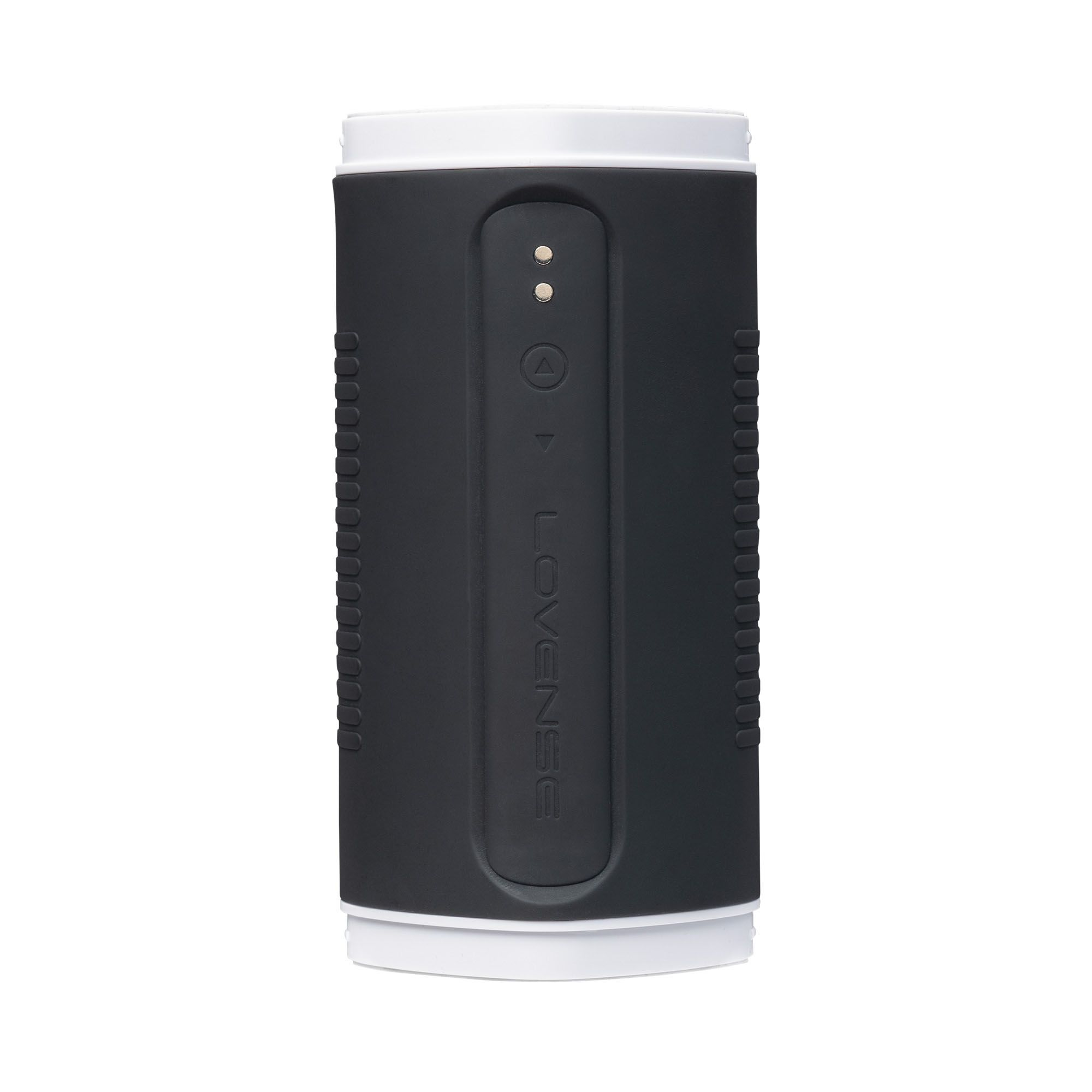 Czarno-biała zabawka erotyczna, cylindryczny kształt, z dwoma przyciskami z przodu, białe tło.