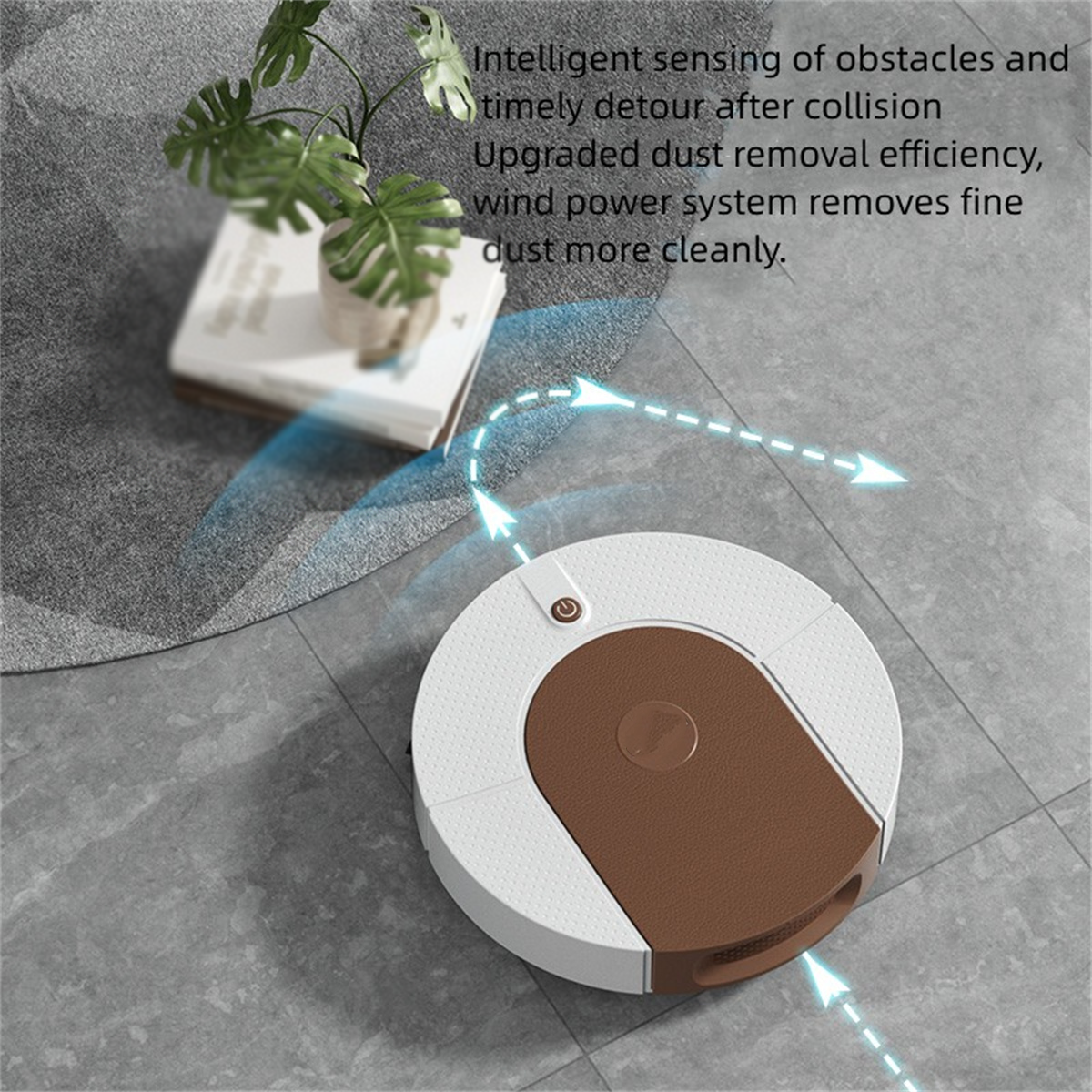 Robot aspirador en el suelo, con planta y libro, mostrando direcciones y flechas.
