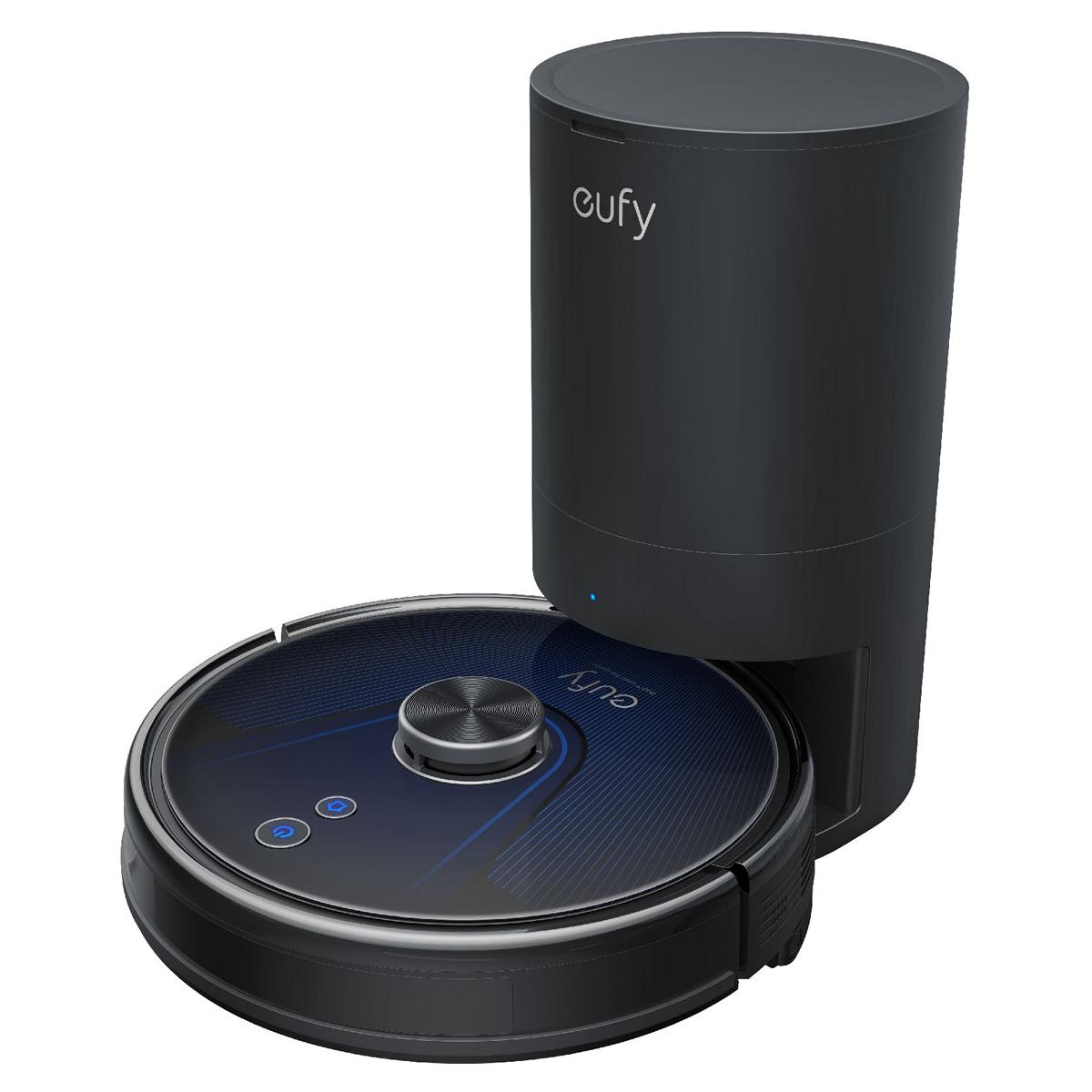 Czarny odkurzacz automatyczny z czarną stacją ładującą. Odkurzacz ma okrągły kształt i niebieskie detale.