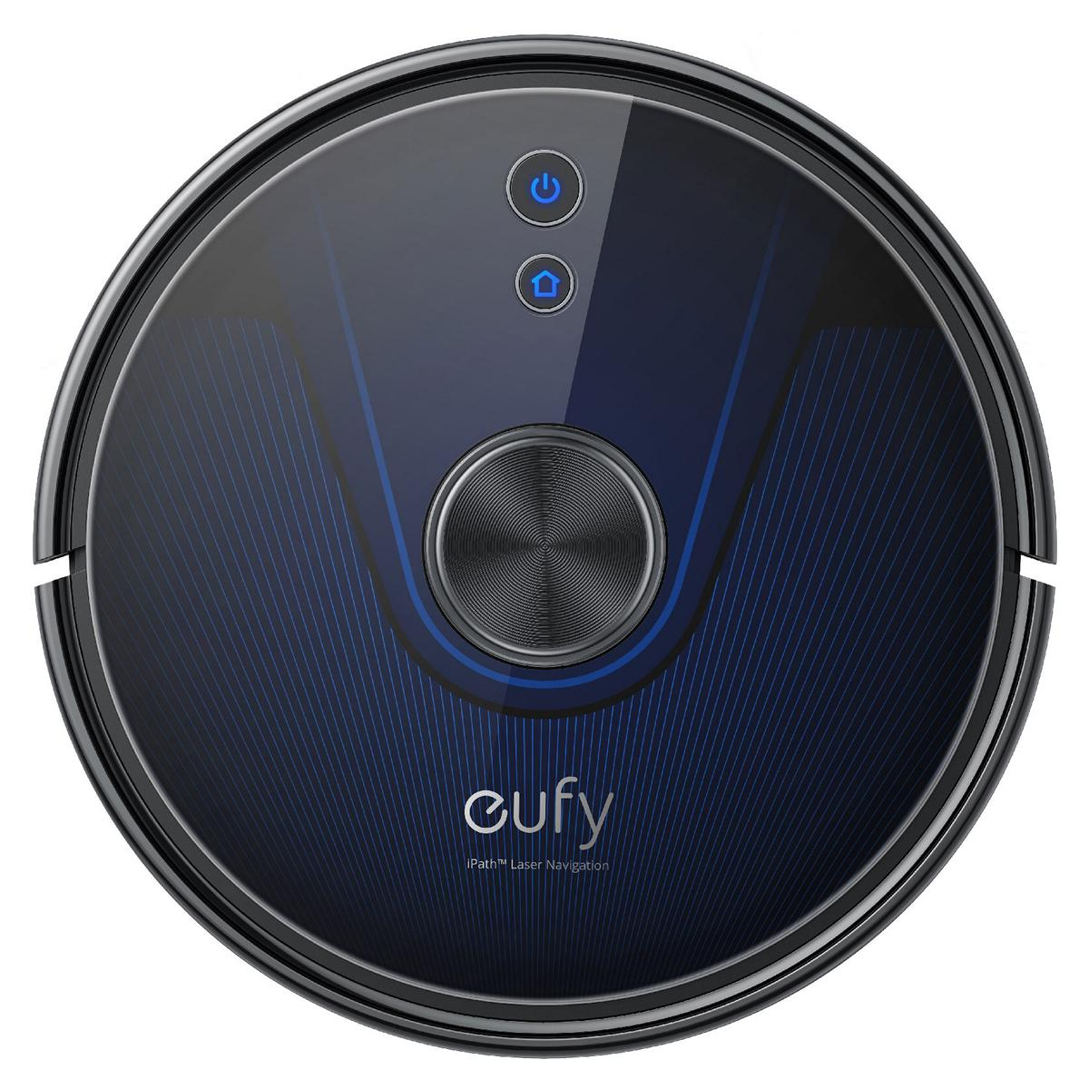 Okrągły, czarno-niebieski robot odkurzający Eufy. Posiada przyciski zasilania i powrotu do bazy, centralny przycisk i tekst nawigacji laserowej.