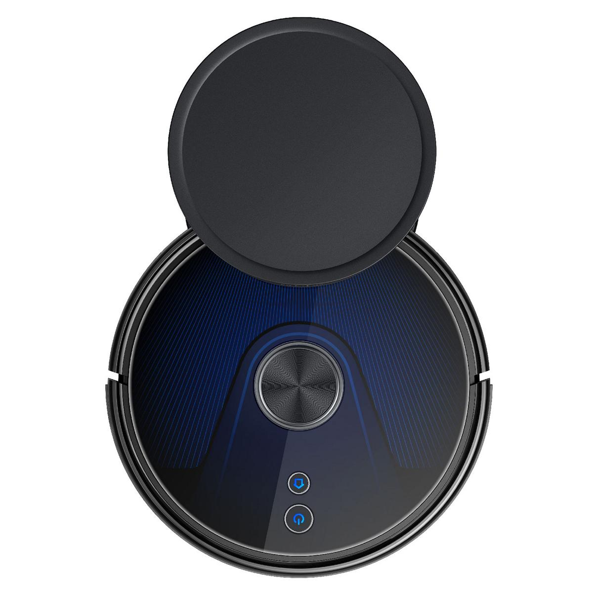 Widok z góry na czarny odkurzacz robot. Ma niebieski środek i dwa przyciski. Czarna pokrywa jest otwarta na górze.