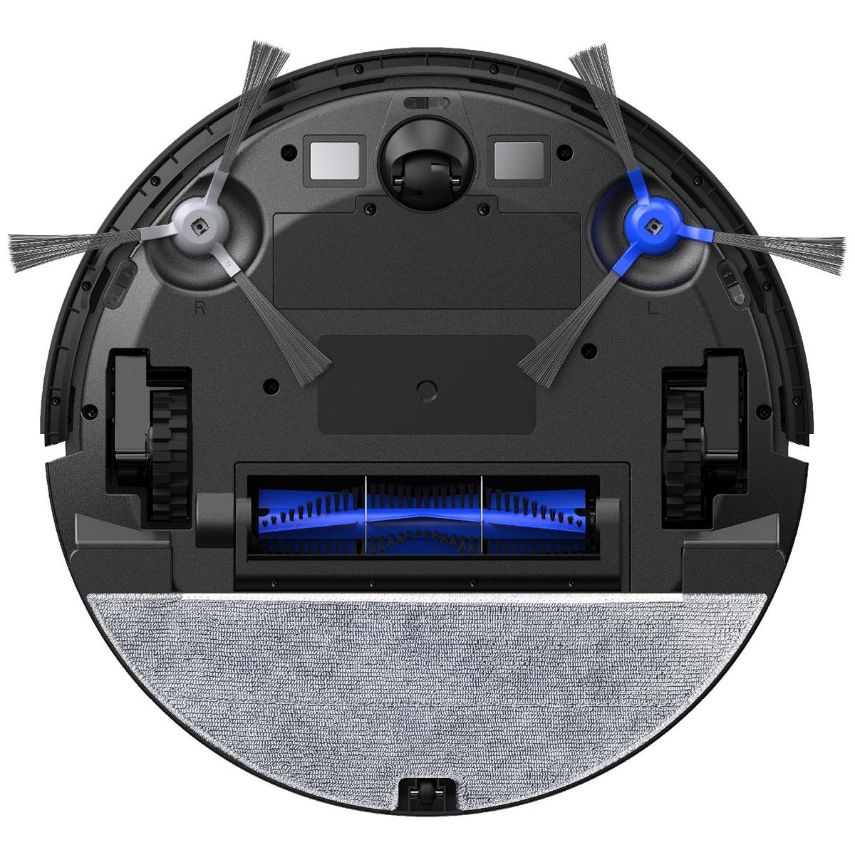 Robot odkurzający, czarny z niebieskimi i szarymi elementami, widoczne szczotki i koła. Spód ma szarą podkładkę czyszczącą.