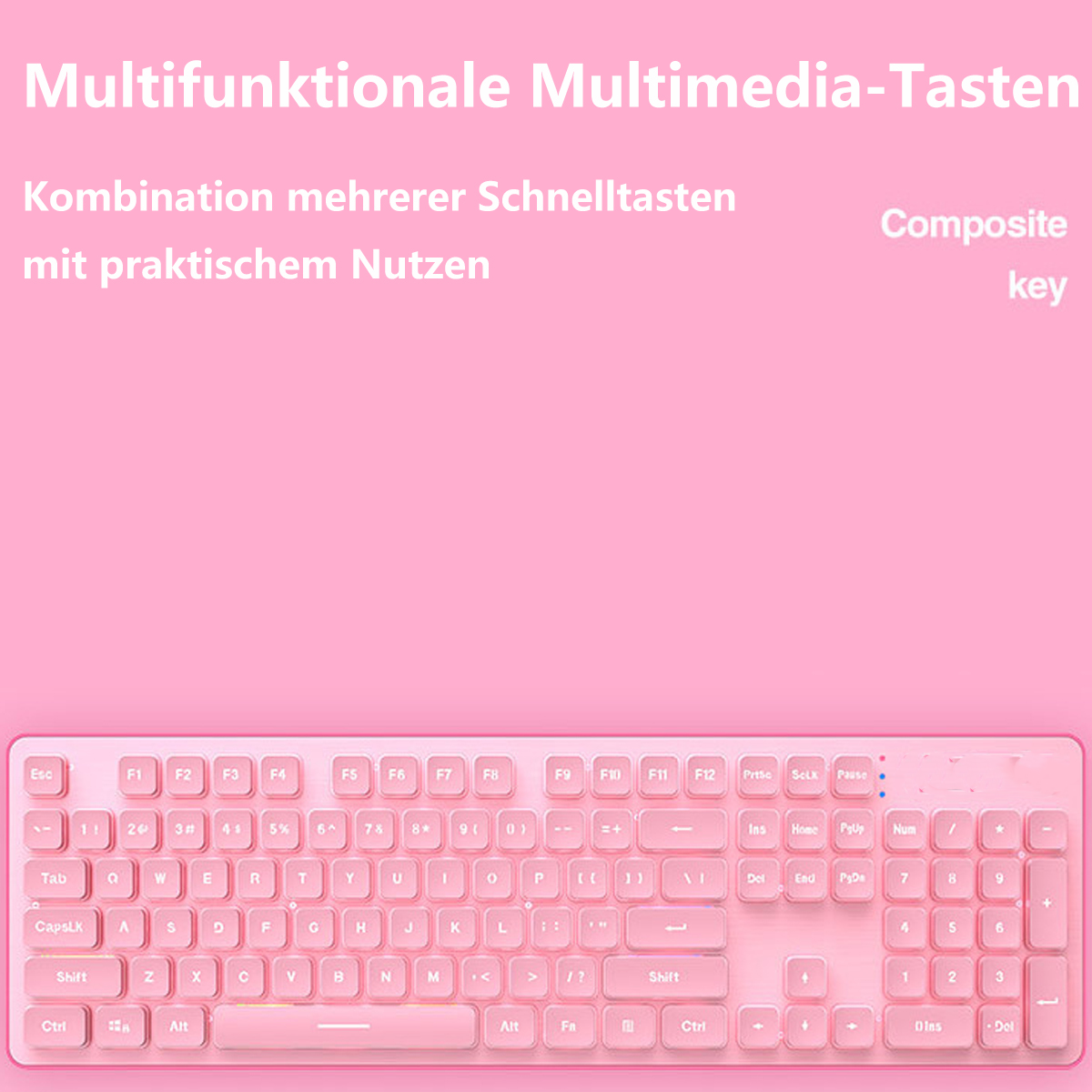 Rosa Tastatur mit weißen Tasten, Text und Symbolen. Weißer Hintergrund.