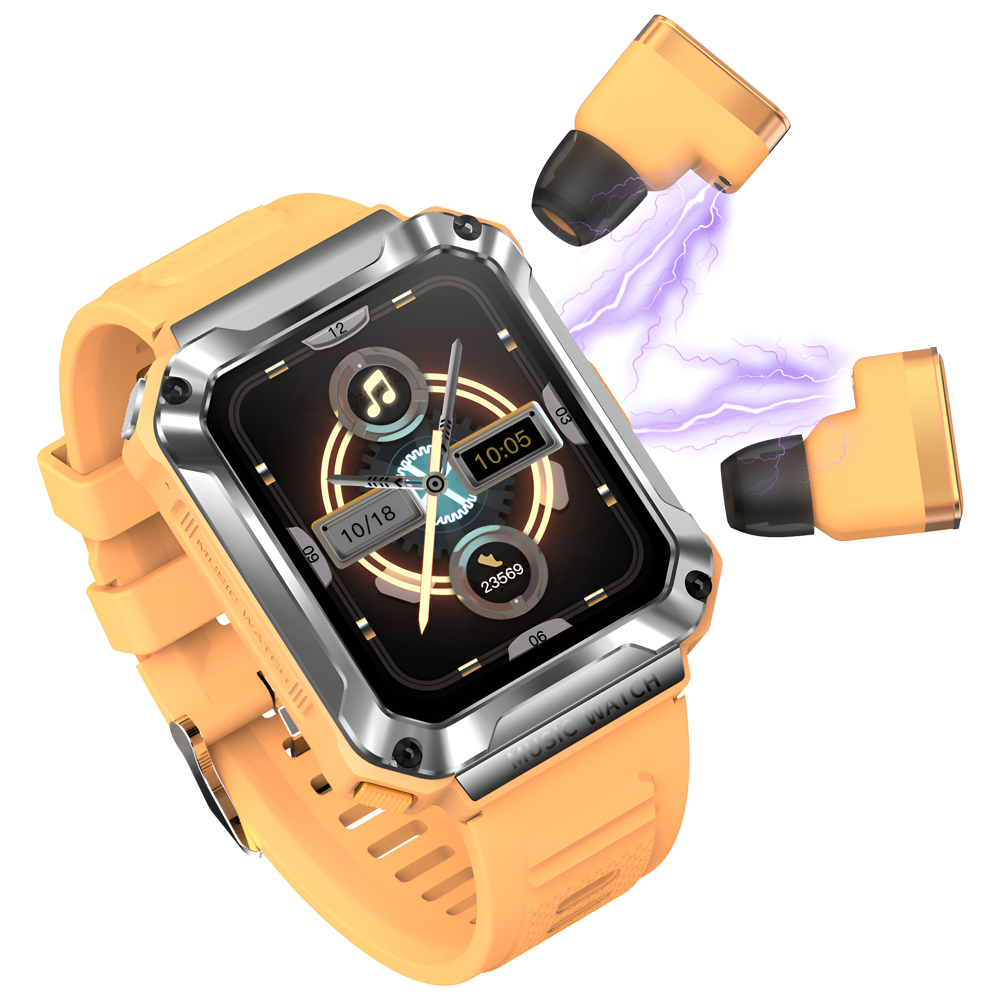 Orange Smartwatch mit Ohrhörern. Die Uhr zeigt die Zeit an und hat eine silberne Lünette. Die Ohrhörer haben einen Blitzeffekt.