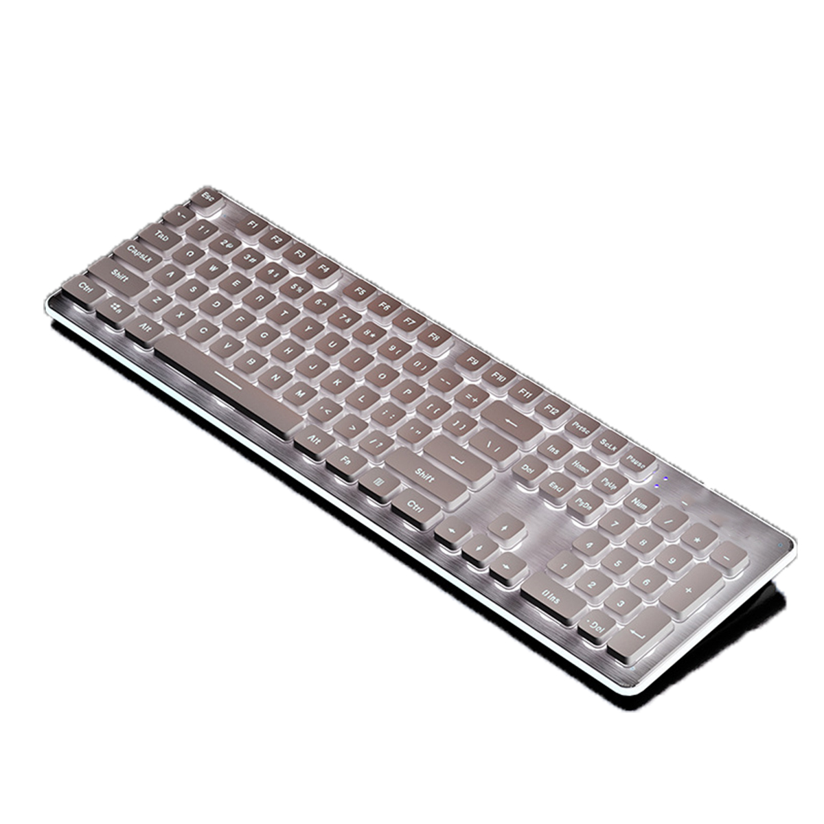Eine silberne Tastatur mit weißen Tasten auf weißem Hintergrund.