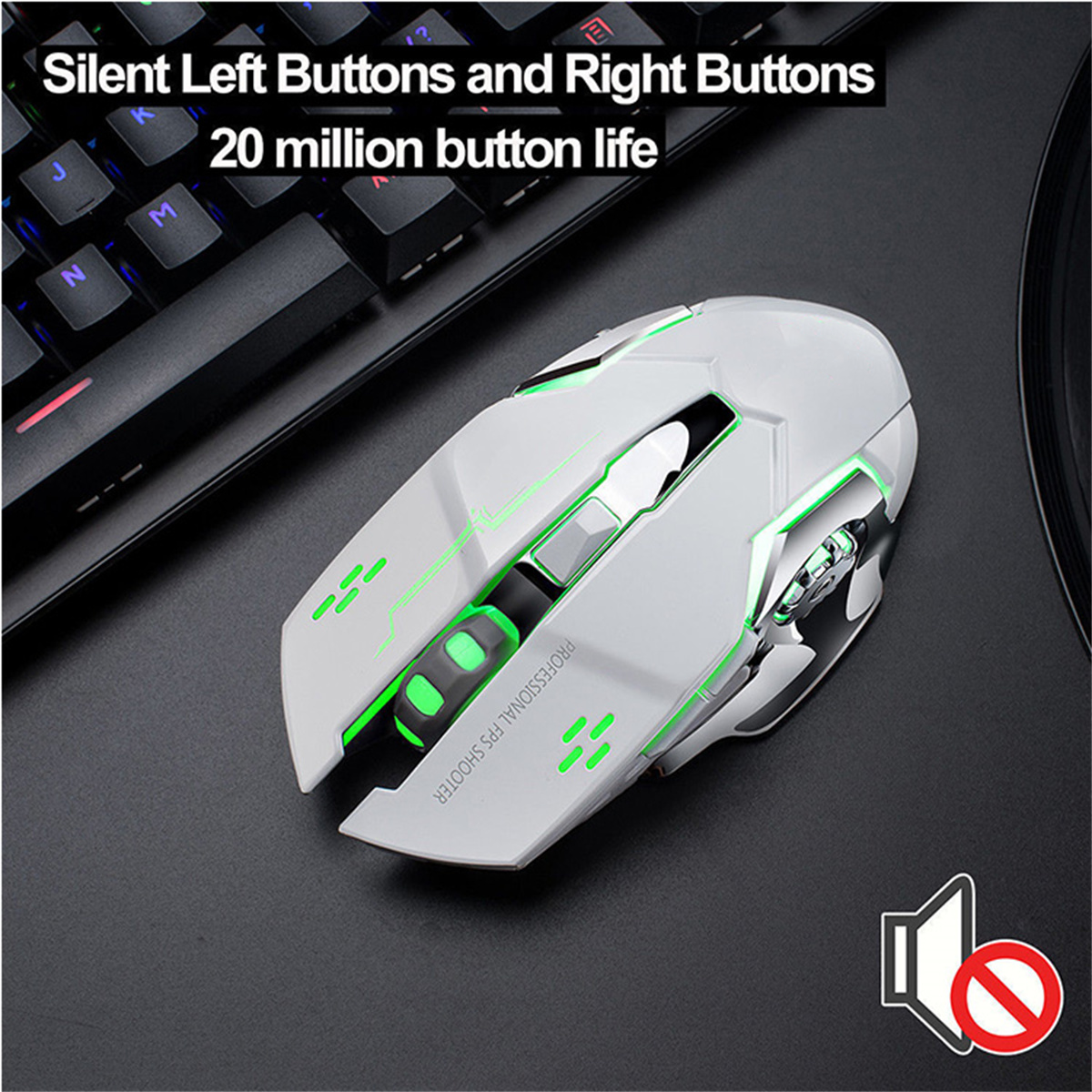 Eine weiße Gaming-Maus mit grünen Lichtern. Im Hintergrund eine Tastatur. Text steht auf der Maus.