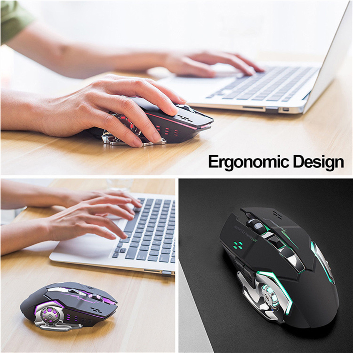 Collage einer schwarzen Gaming-Maus in Gebrauch, mit ergonomischem Design und Lichtdetails.