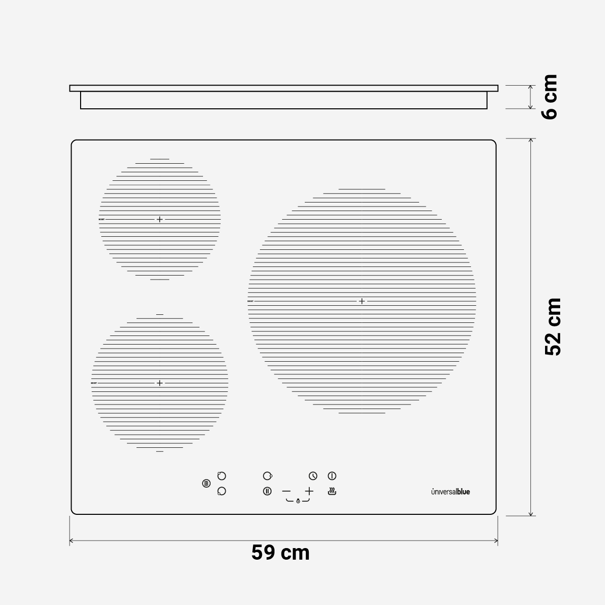 Una encimera blanca con tres quemadores circulares. Las medidas se muestran en la imagen.