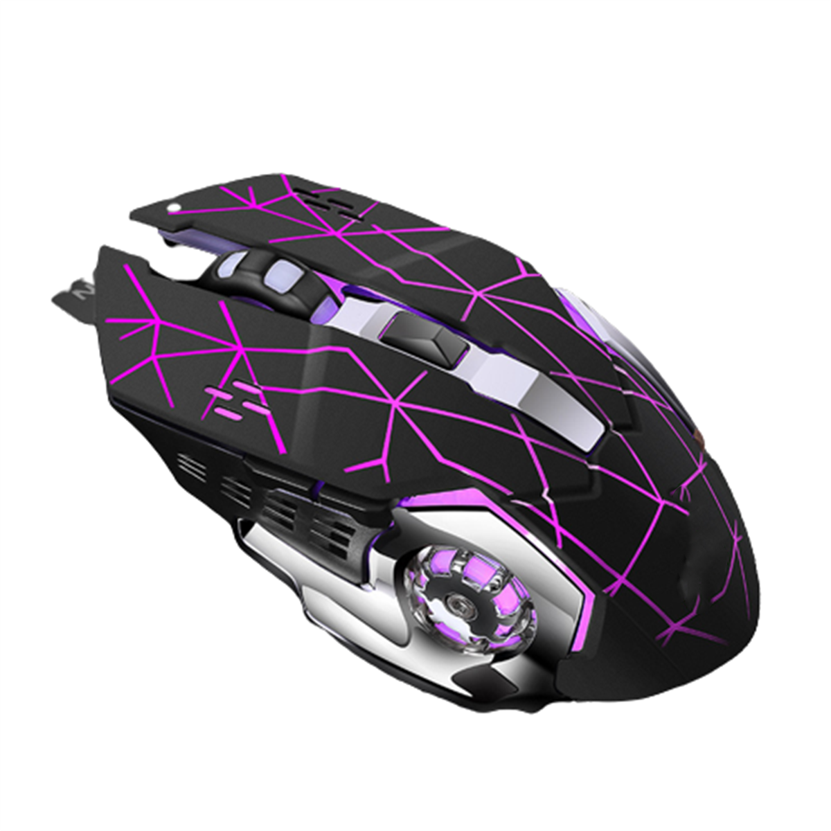 Schwarze und lila Gaming-Maus mit geometrischem Design und silbernem Rad, auf weißem Hintergrund.