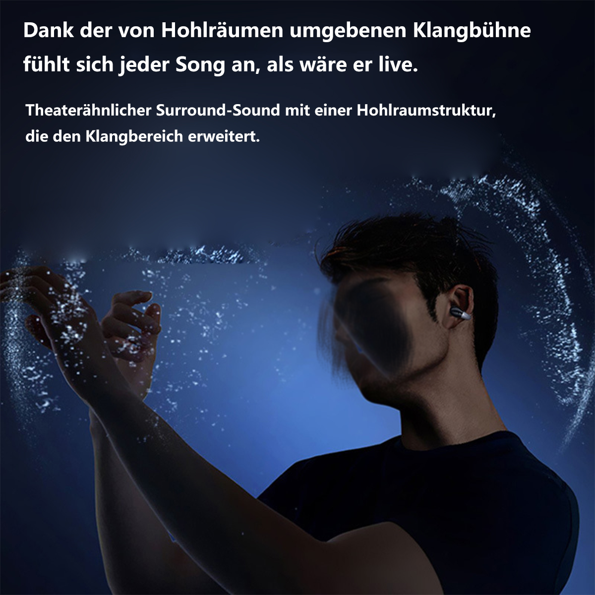 Mann mit Ohrhörern, von Wasserspritzern umgeben. Text über Surround-Sound.
