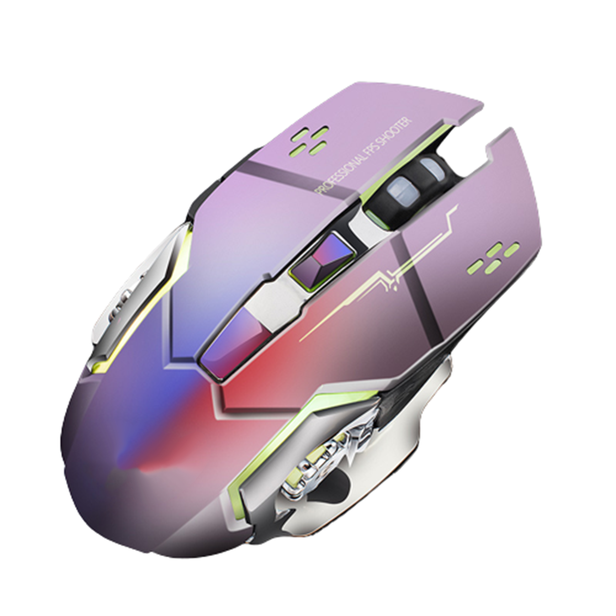 Eine Gaming-Maus mit lila und silbernem Farbschema auf weißem Untergrund.