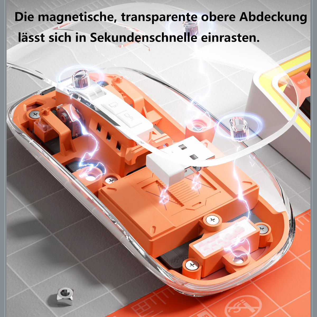 Geöffnete Maus mit sichtbaren internen Komponenten. Orangefarbener und weißer Kunststoff. Drähte und Schrauben gezeigt. Graue Oberfläche.