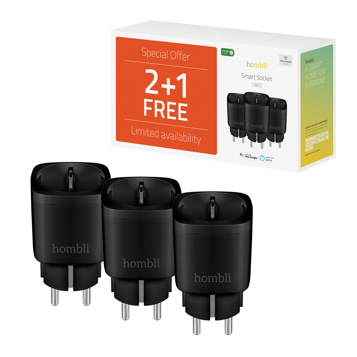 Drei schwarze Smart-Stecker vor einer Box. Die Box bietet 2+1 gratis für die Smart-Steckdosen.