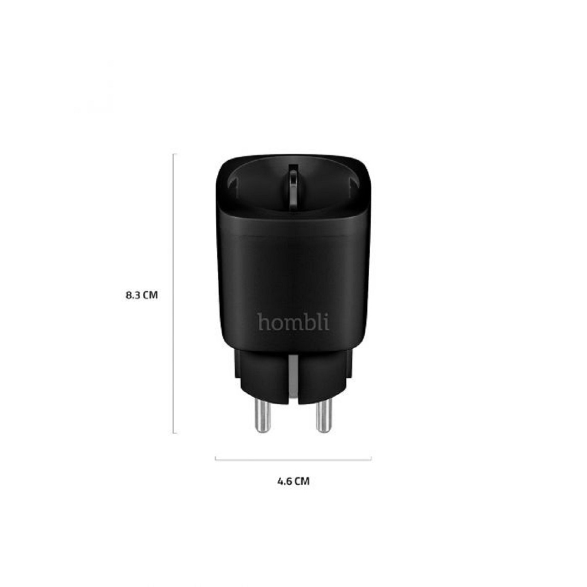 Schwarzer Adapter mit Abmessungen. Der Adapter hat zwei Stifte und den Markennamen hombli.