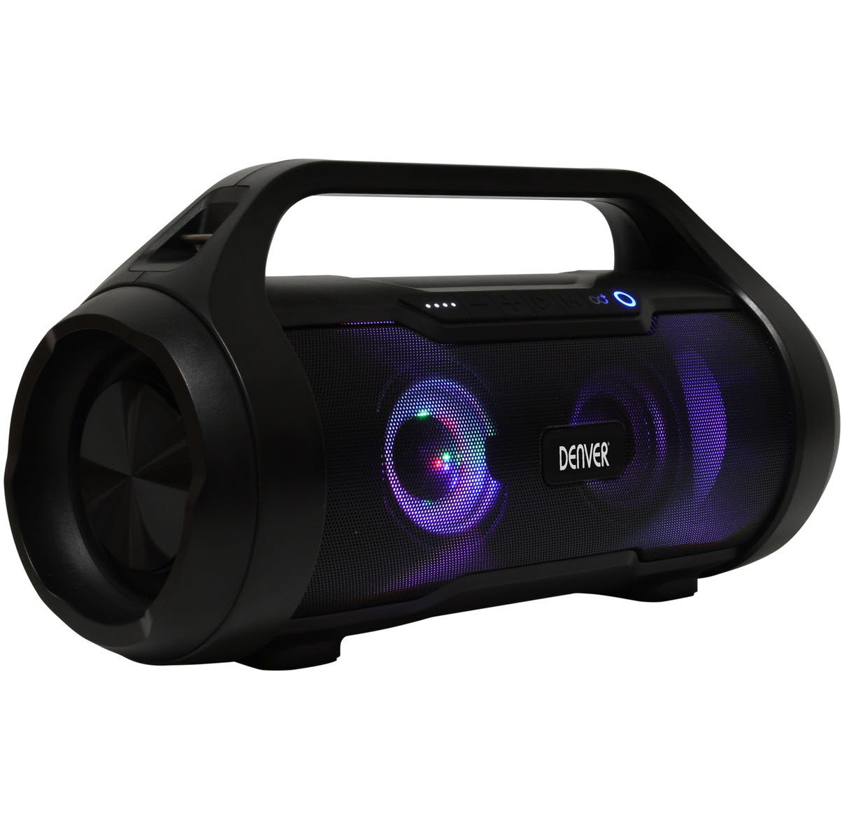 Czarny głośnik Denver z światłami po bokach. Głośniki emitują światło.