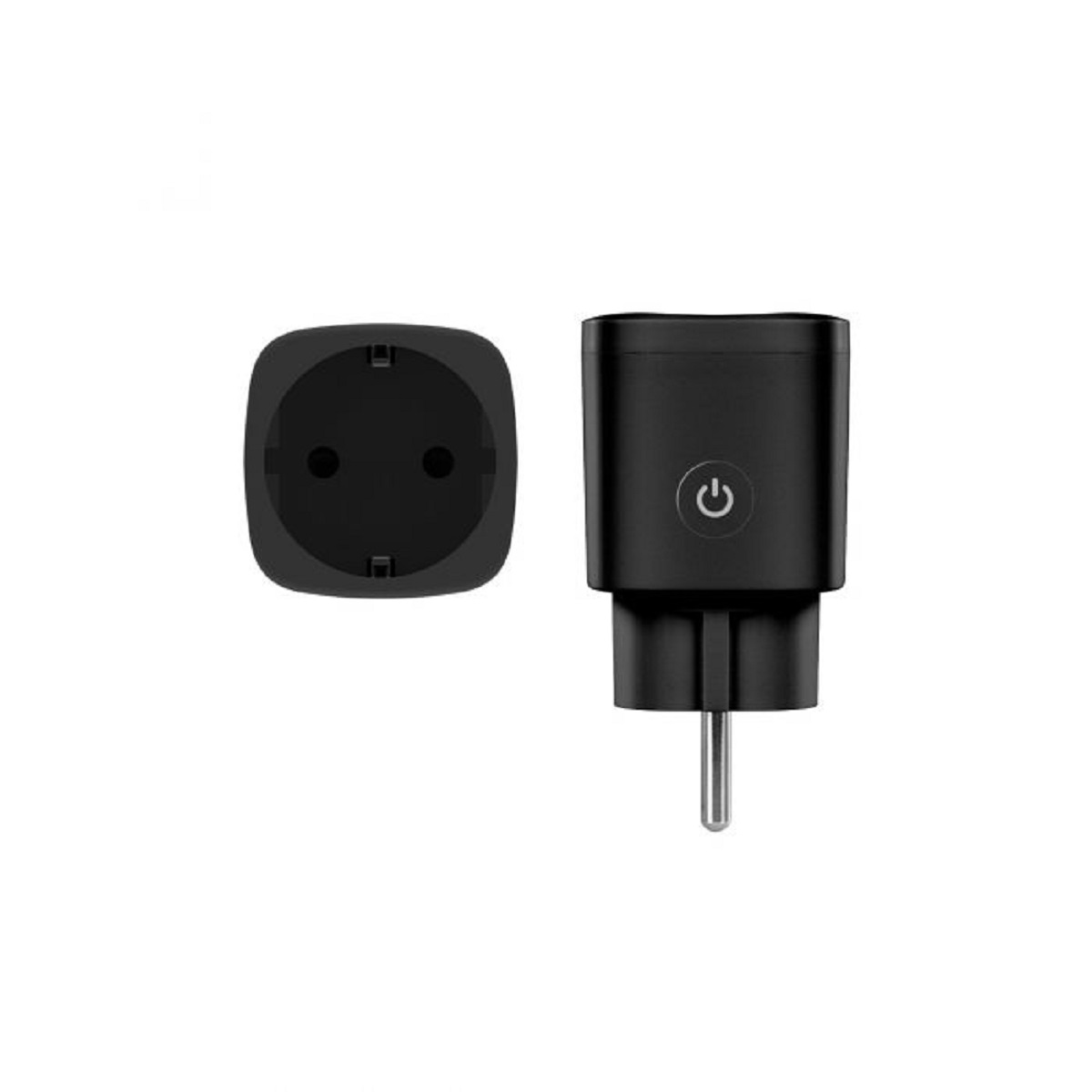 Schwarzer Smart-Stecker mit Ein-/Aus-Taste und Stecker. Nahaufnahme auf weißem Hintergrund.
