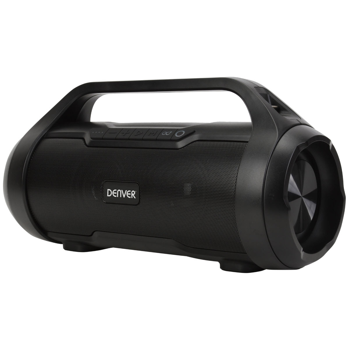 Czarny głośnik z uchwytem i kontrolkami. Widoczna nazwa marki Denver.
