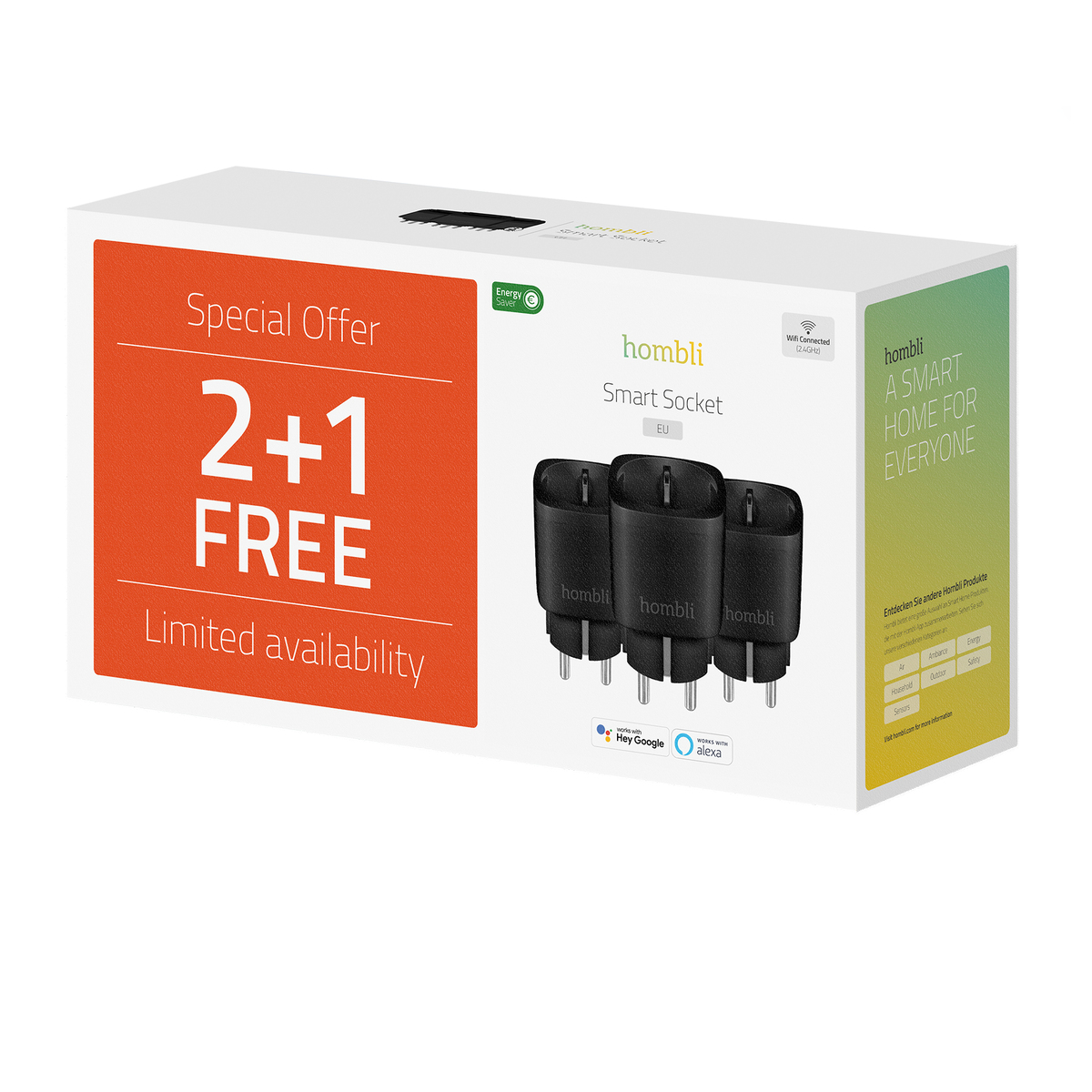 Eine weiße Box mit drei schwarzen Smart Plugs. Text auf der Box: 'Special Offer 2+1 FREE' und 'hombli Smart Socket'.
