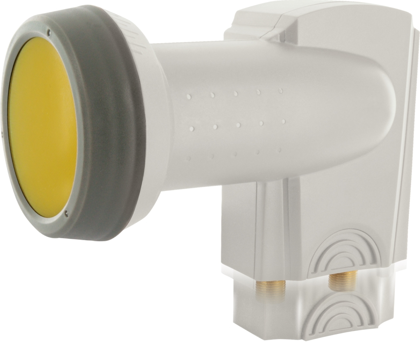 Ein weißes Satelliten-LNB mit gelbem Eingang und grauem Ring.