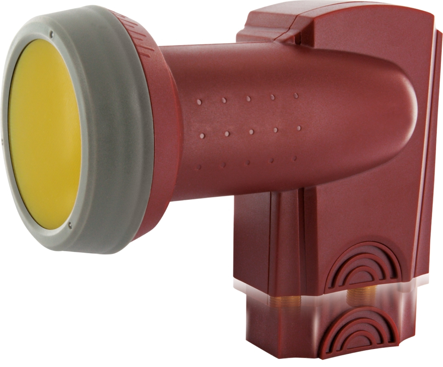 Satellitenempfänger LNB in Rot und Grau.