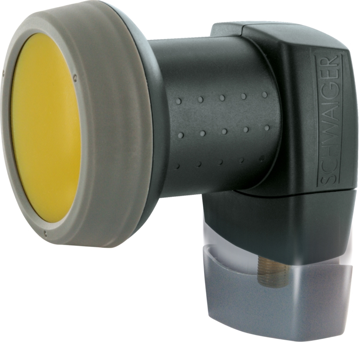 LNB-Konverter mit gelbem Eingang und schwarzem Gehäuse mit Markennamen.