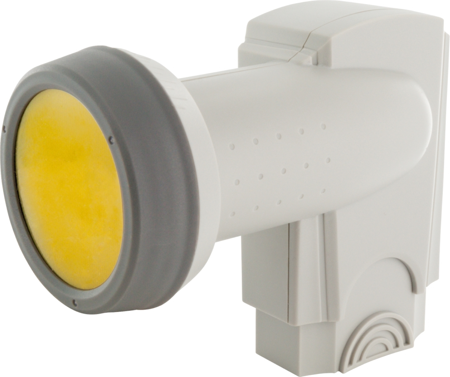 Ein weiß-graues Satelliten-LNB mit gelbem Ende. Es ist für Satellitenfernsehen konzipiert.