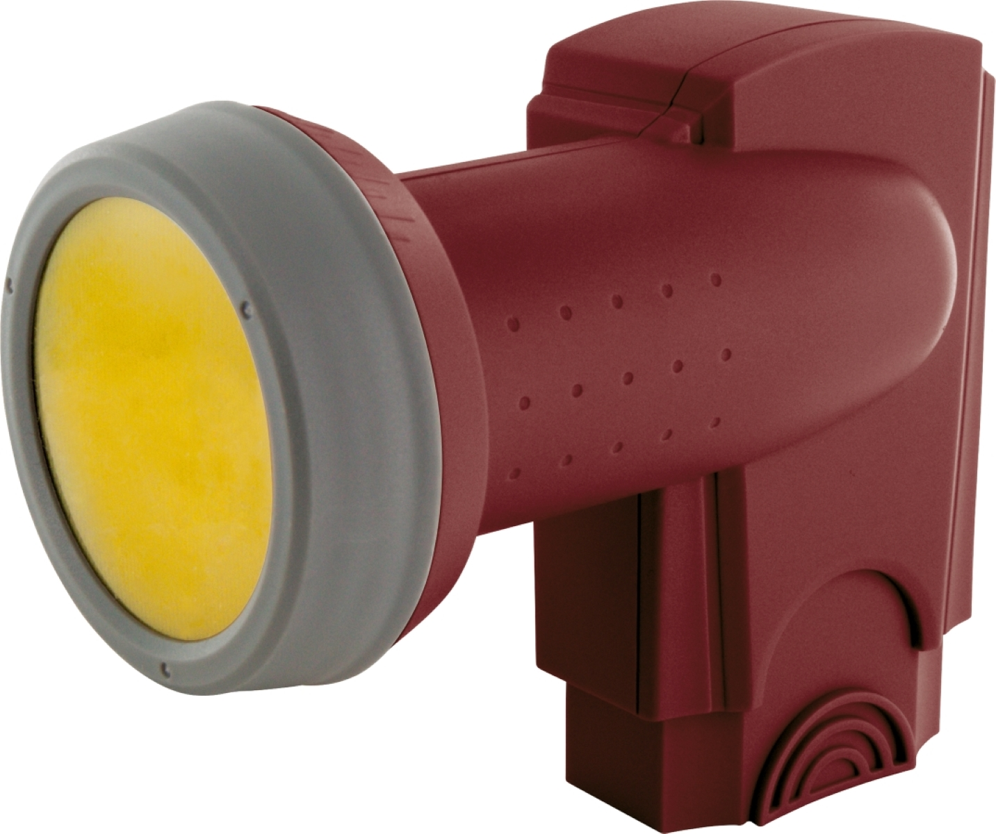 Eine rote und graue Taschenlampe mit gelber Linse, die auf den Betrachter zeigt.