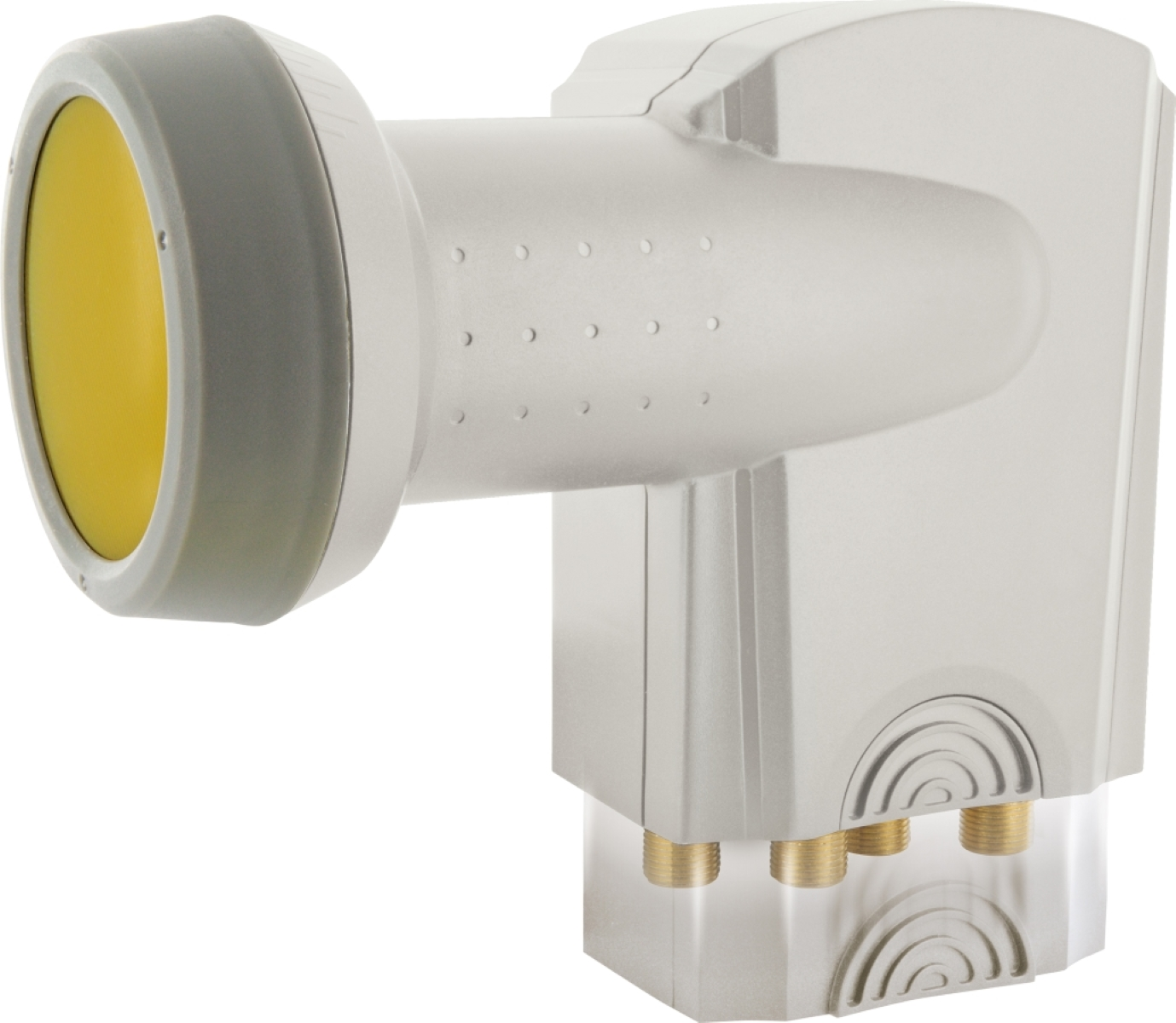 Ein weißes Satelliten-LNB mit gelbem Ende und drei Ausgängen.