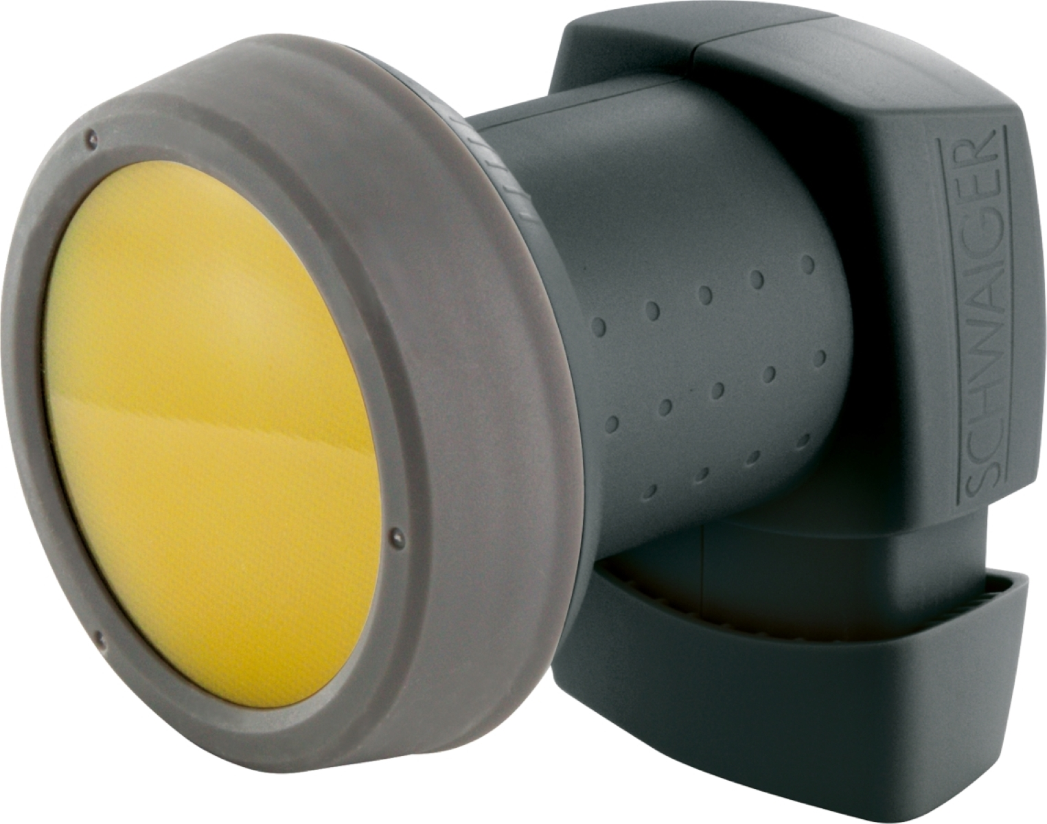 Satelliten-LNB in Grau und Gelb. Es hat eine zylindrische Form.