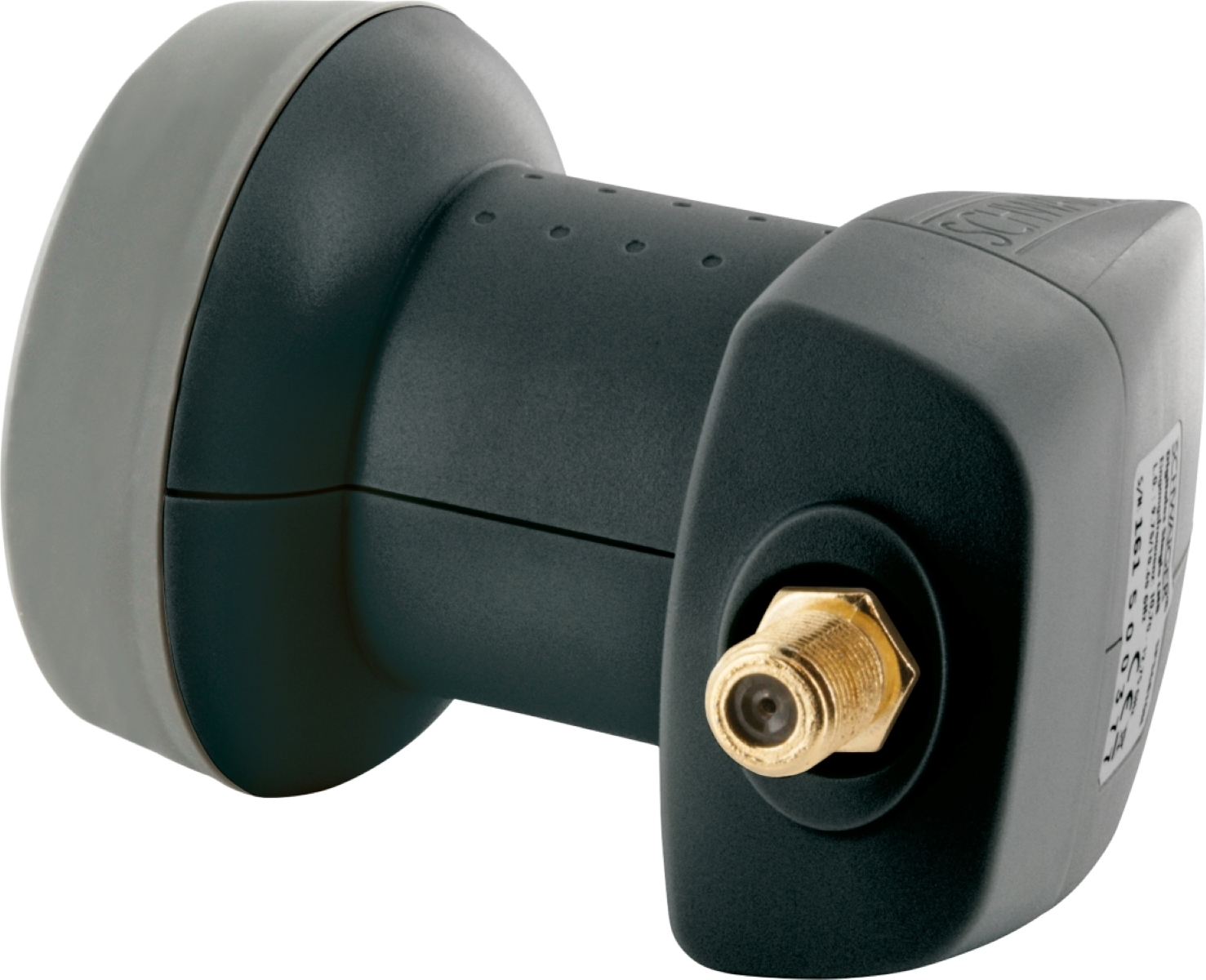 Satelliten-LNB-Empfänger, schwarz und grau, mit Goldstecker, Schrägansicht, auf weißem Hintergrund.