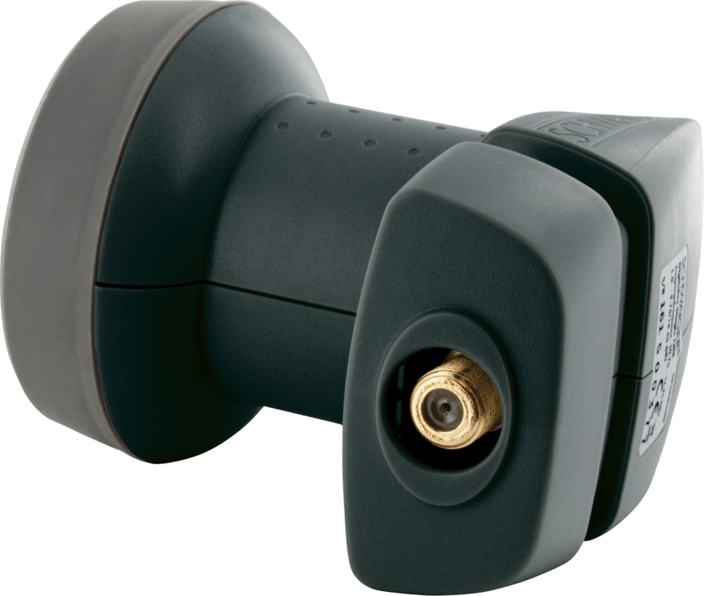 Ein schwarzer Satelliten-LNB (Low Noise Block Downconverter) auf weißem Hintergrund.