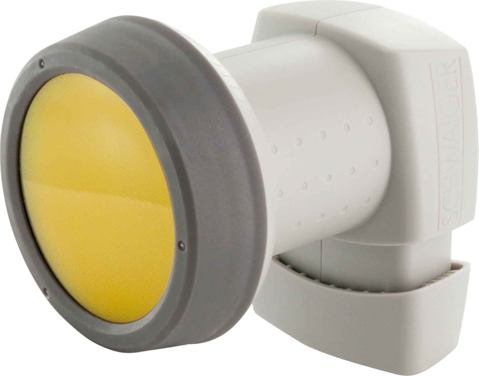 Satelliten-LNB-Empfänger mit grauem Gehäuse und gelber Linse.