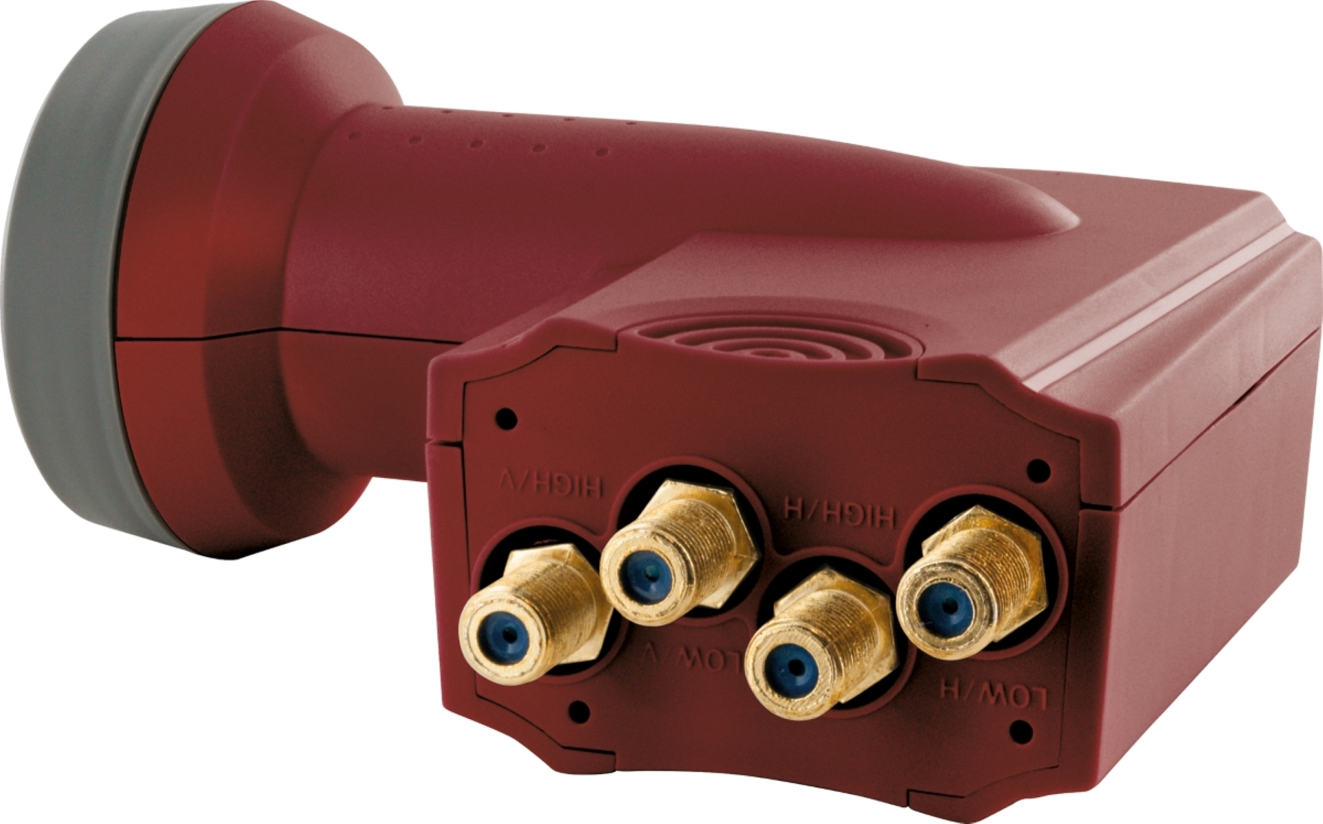 Roter Satellitenreceiver mit goldenen Anschlüssen und grauem Endkappe, schräge Ansicht.