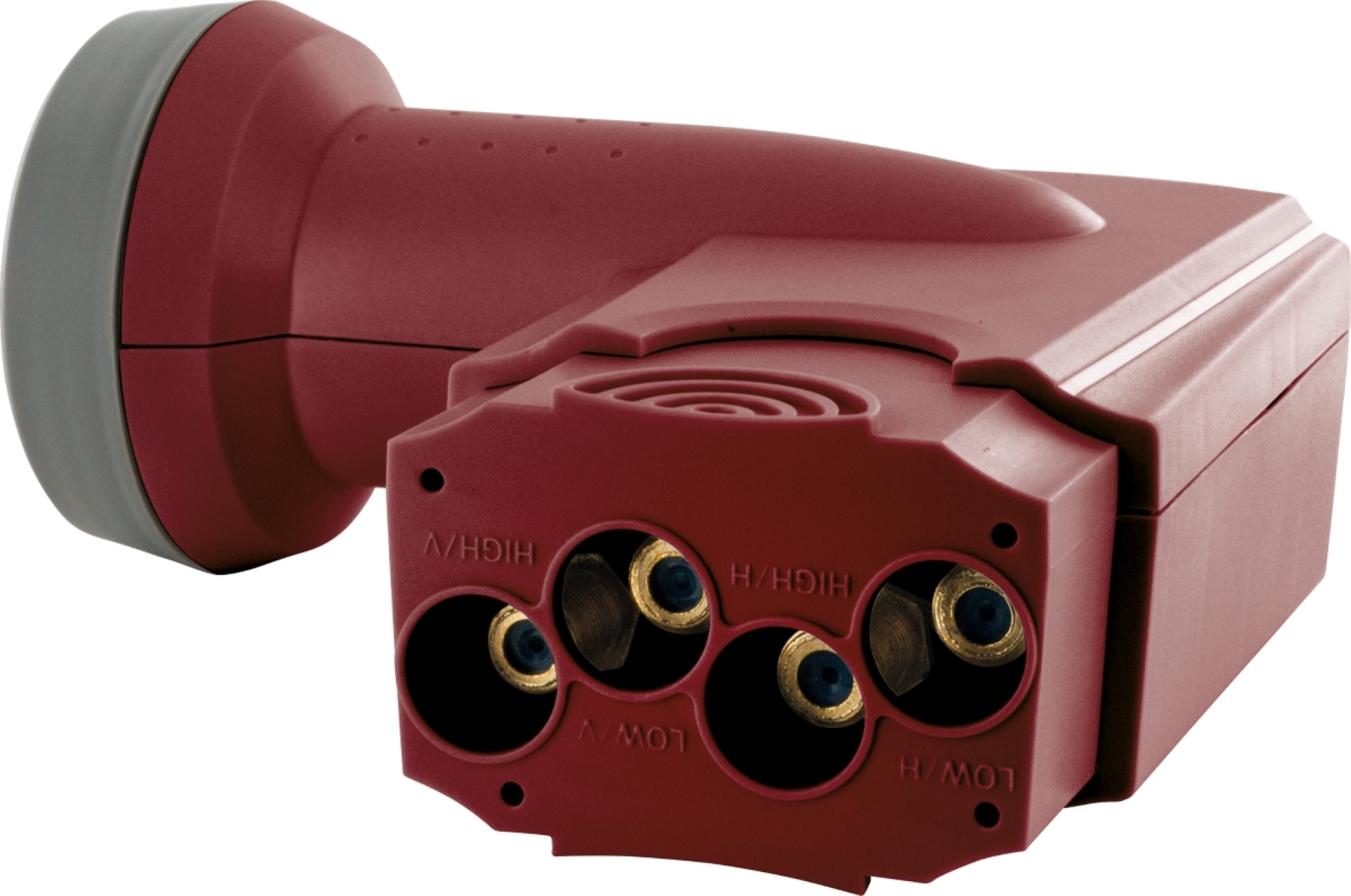 Ein kastanienbrauner Satellitenempfänger mit vier Anschlüssen. Die Anschlüsse haben goldfarbene Innenräume.