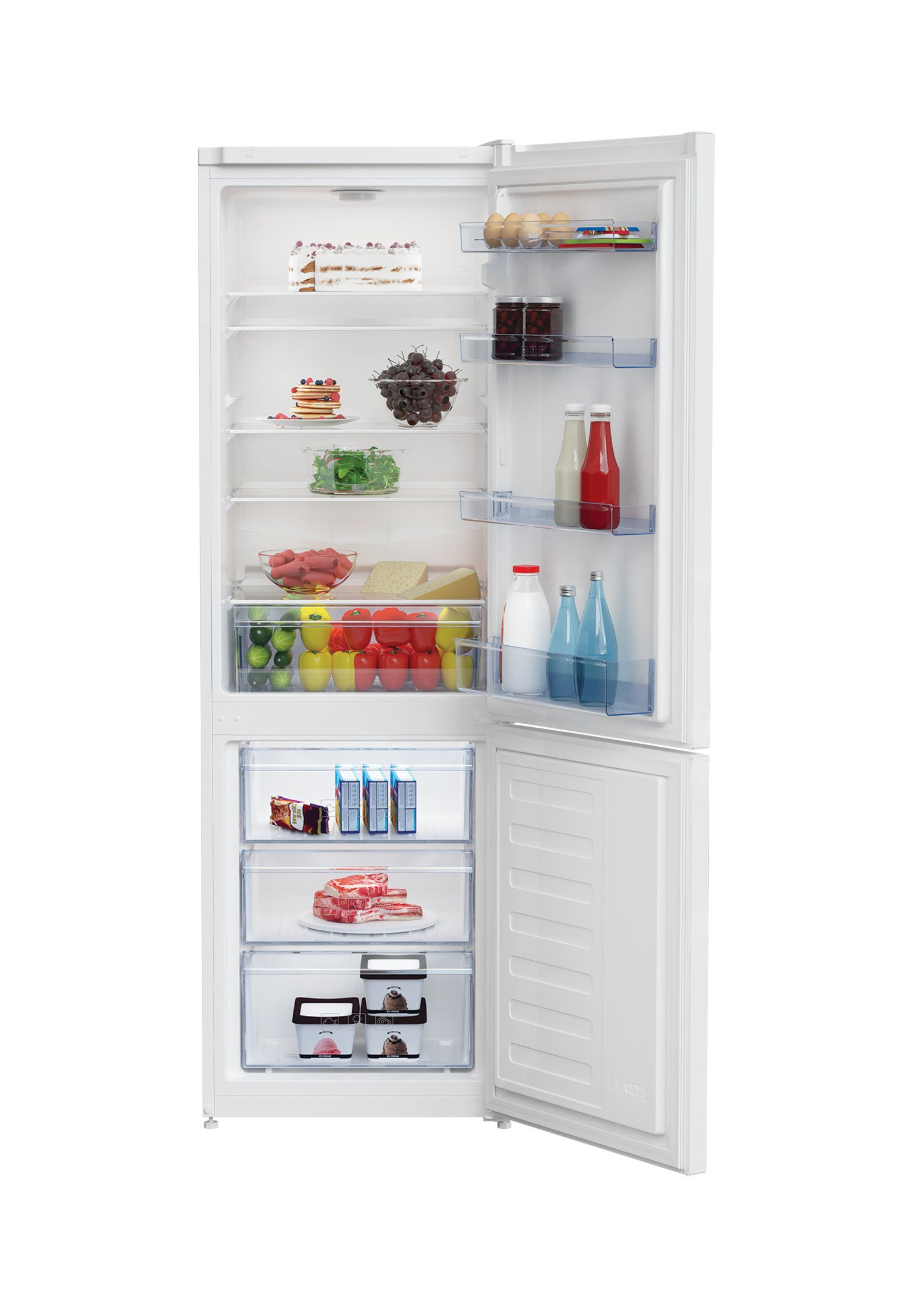 Frigorifero bianco con porta aperta, che mostra ripiani con alimenti e scomparti.