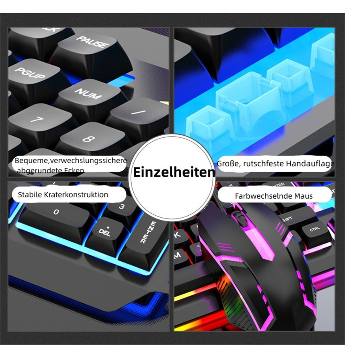 Nahaufnahme einer Tastatur und Maus mit blauer und lila Beleuchtung, mit Details auf Deutsch.