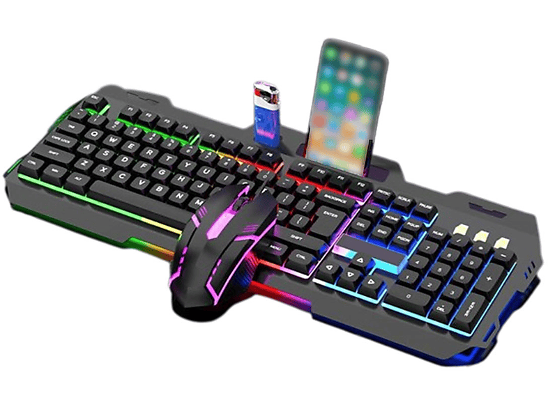 SYNTEK Tastatur- und Schwarz Gefühls-Set, Maus-Set Beleuchtetes Set, und verkabeltes Schwarz Tastatur USB-Set Maus mechanisches