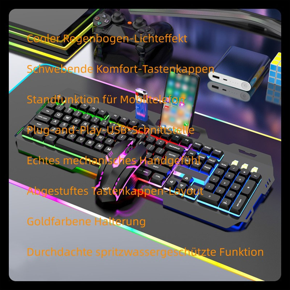 Eine Gaming-Tastatur und -Maus mit Lichteffekten. Die Tastatur hat einen Telefonständer.