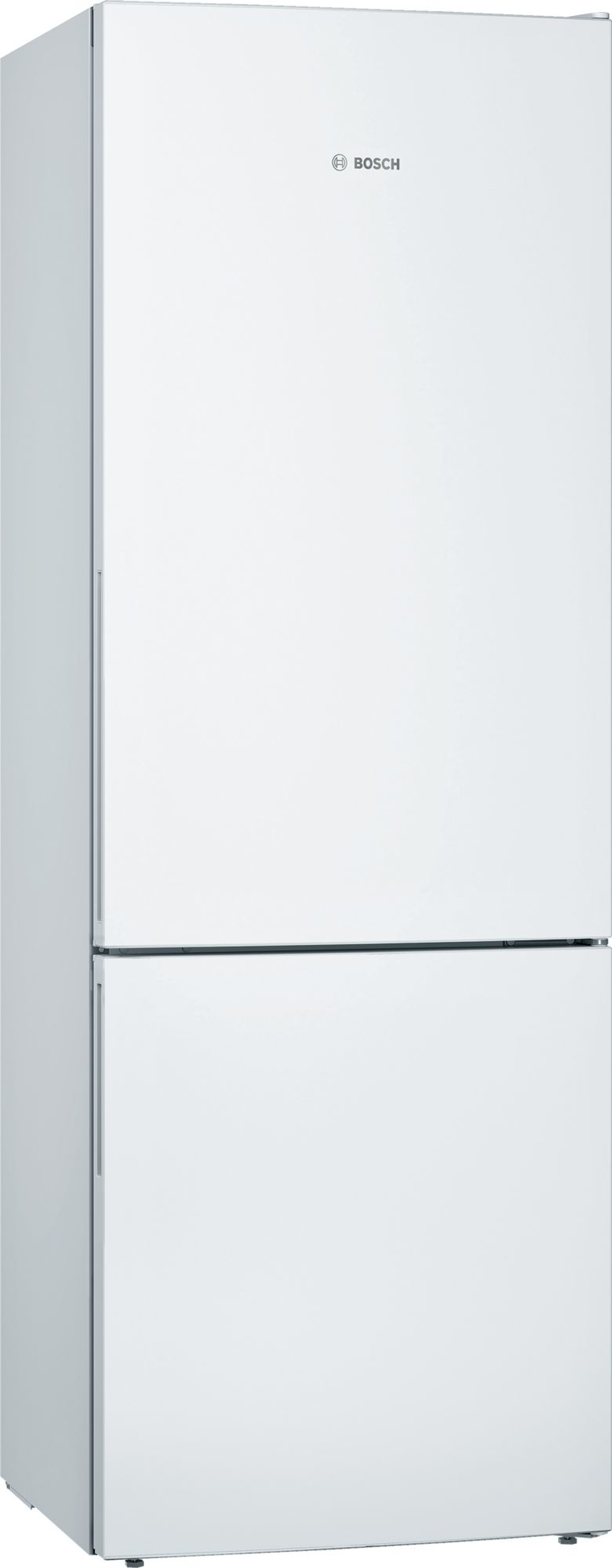 Weißer Bosch-Kühlschrank, zwei Türen, mit Bosch-Logo oben.