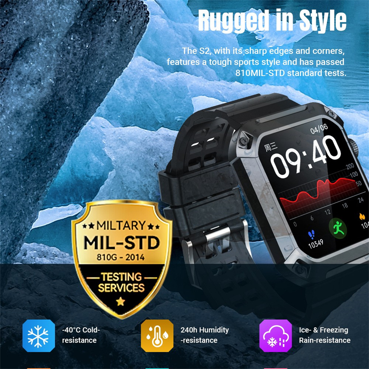 Smartwatch mit schwarzem Armband und robustem Design, mit Informationssymbolen unten.