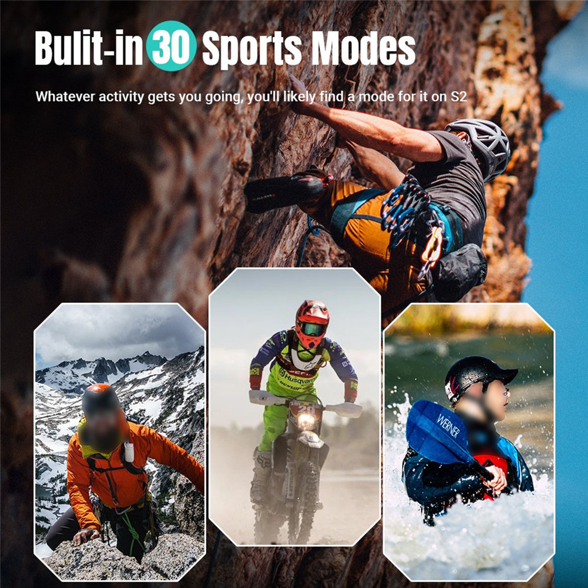 Drei Bilder mit Sportlern. Texte sagen 'Built-in 30 Sports Modes' und 'Whatever activity gets you going'.
