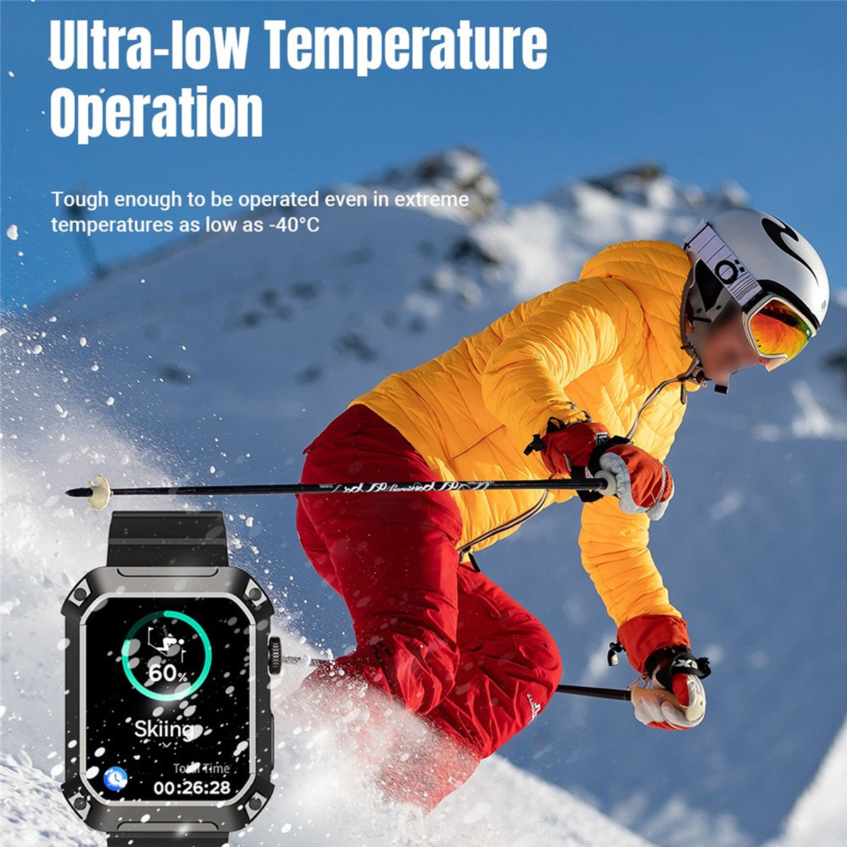 Skifahrer in gelber Jacke und roter Hose, mit Smartwatch mit Skidata, schneebedeckte Berge im Hintergrund.