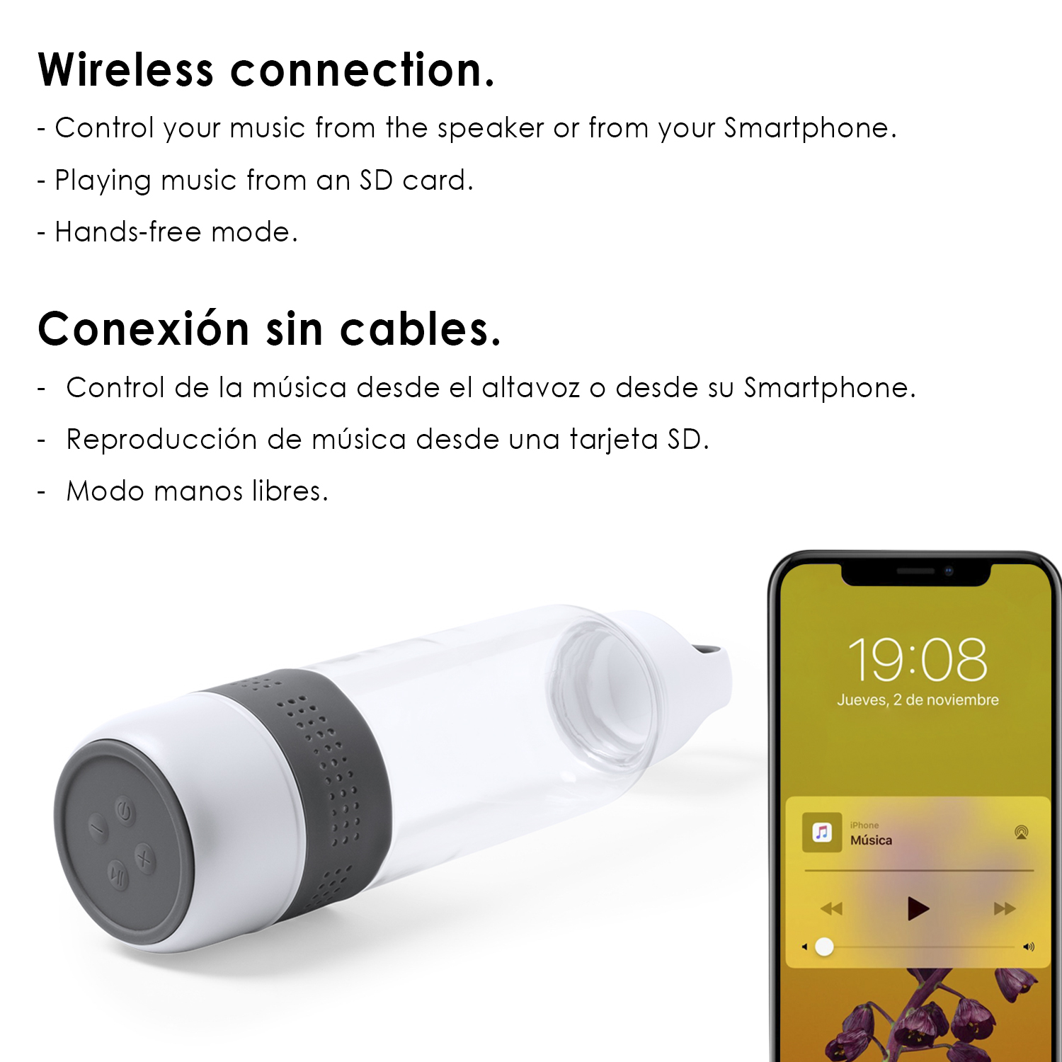 Eine weiße Wasserflasche mit grauem Band. Ein Smartphone zeigt eine Musik-App-Oberfläche.